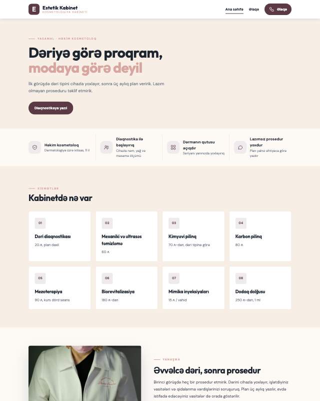 Kosmetologiya mərkəzi üçün veb sayt şablonunun ekran görüntüsü