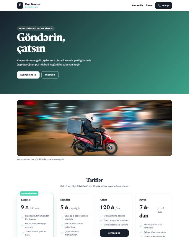 Kuryer xidməti · Modern veb sayt şablonunun ekran görüntüsü