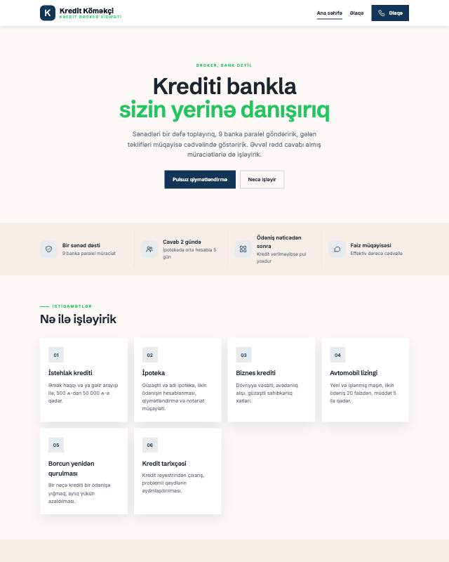 Kredit broker sayt dizaynının ekran görüntüsü