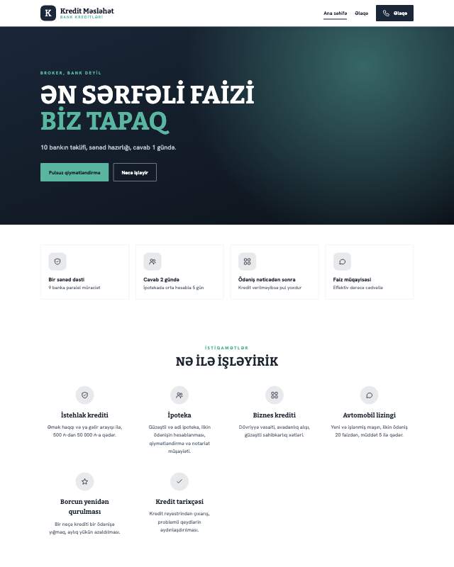 Kredit broker · Maliyyə sayt dizaynının ekran görüntüsü