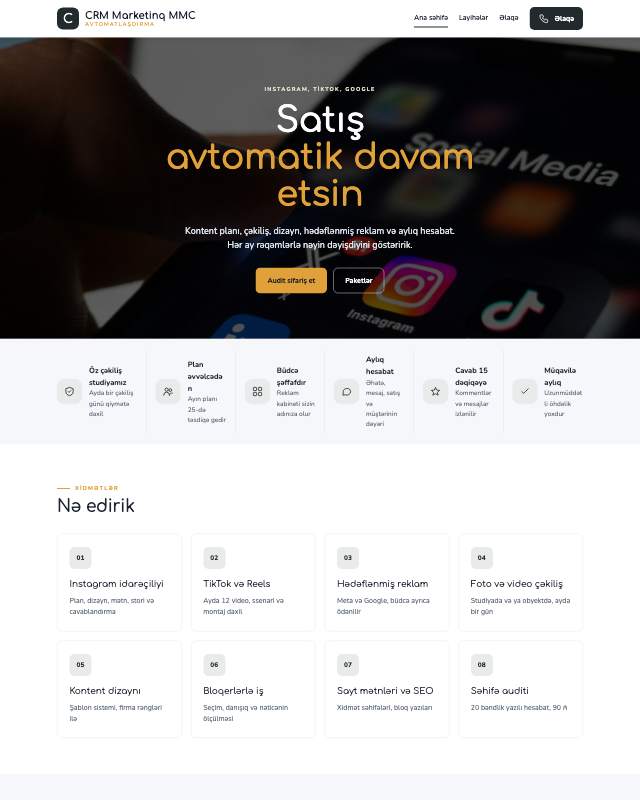 CRM marketinq · Kart sayt dizaynının ekran görüntüsü