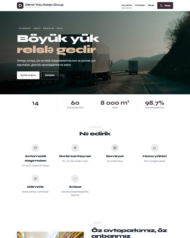 Dəmir yolu yük daşıma xidməti üçün veb sayt şablonu «Zərif»: ekran görüntüsü