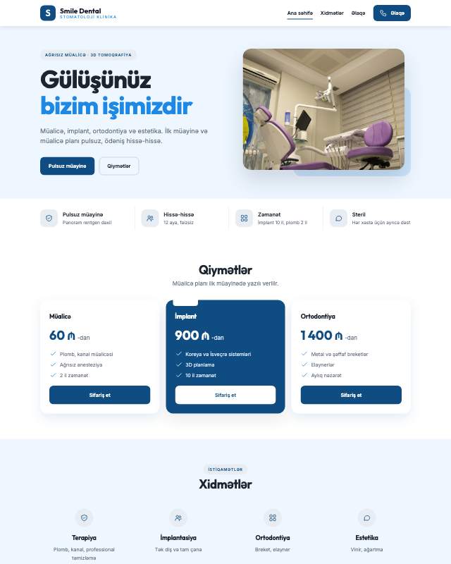 Stomatoloji klinika üçün veb sayt şablonunun ekran görüntüsü