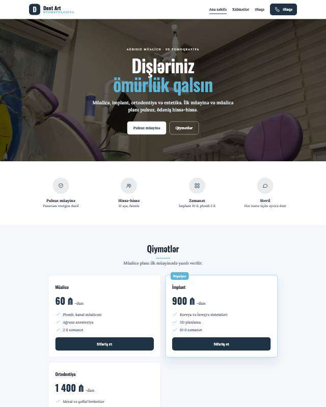 Stomatologiya · Təmiz sayt dizaynının ekran görüntüsü
