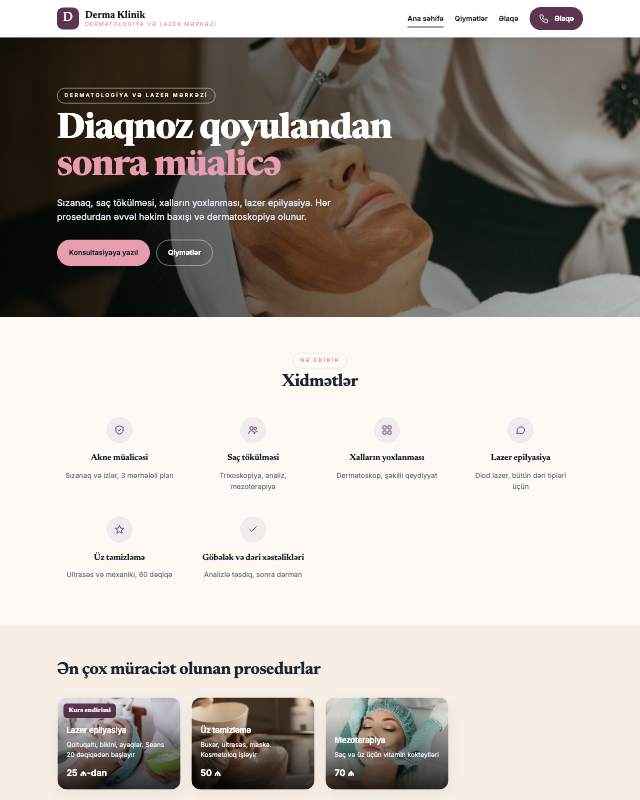 Dermatologiya veb sayt şablonunun ekran görüntüsü