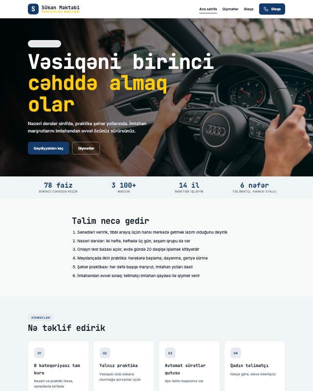 Sürücülük məktəbi sayt dizaynının ekran görüntüsü