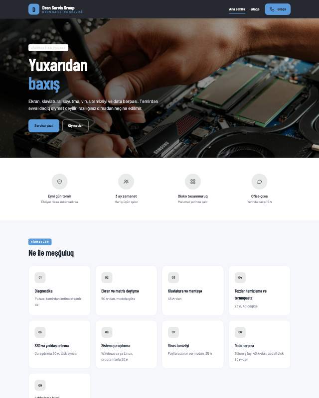 Dron xidmətləri · Minimal sayt dizaynının ekran görüntüsü