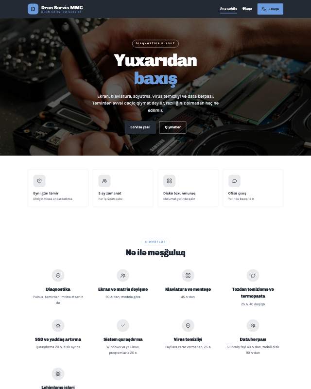 Dron xidmətləri · Sadə sayt dizaynının ekran görüntüsü