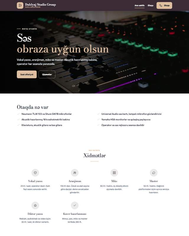 Dublyaj studiyası · Zərif sayt dizaynının ekran görüntüsü
