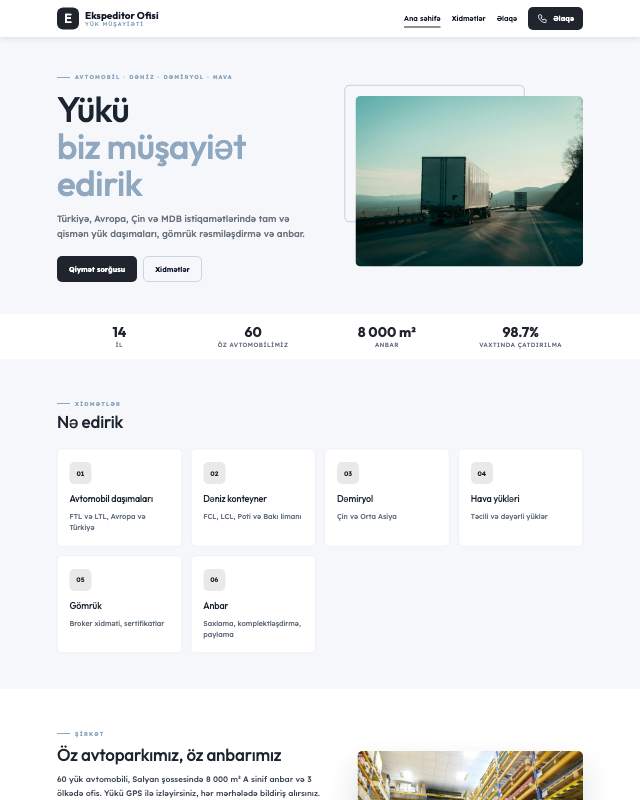 Ekspeditor xidməti sayt dizaynının ekran görüntüsü