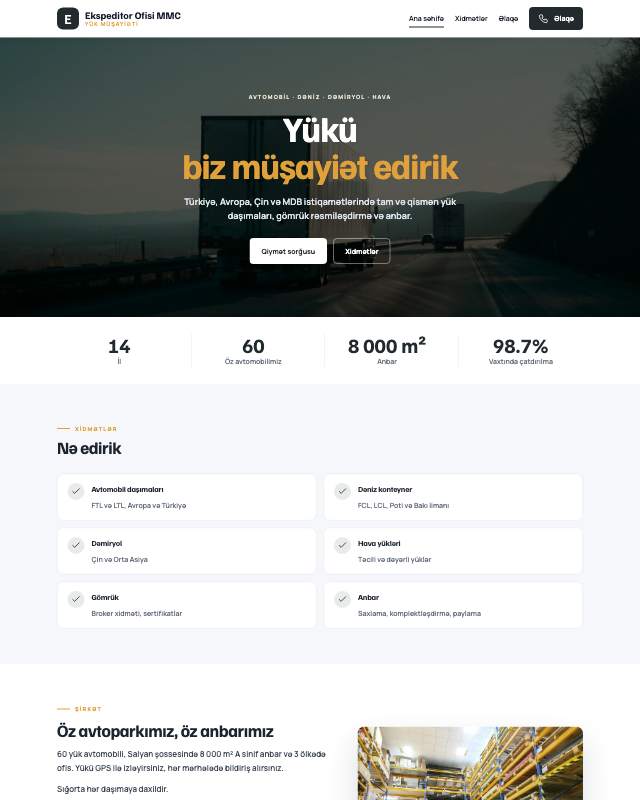Ekspeditor xidməti · Kart sayt dizaynının ekran görüntüsü