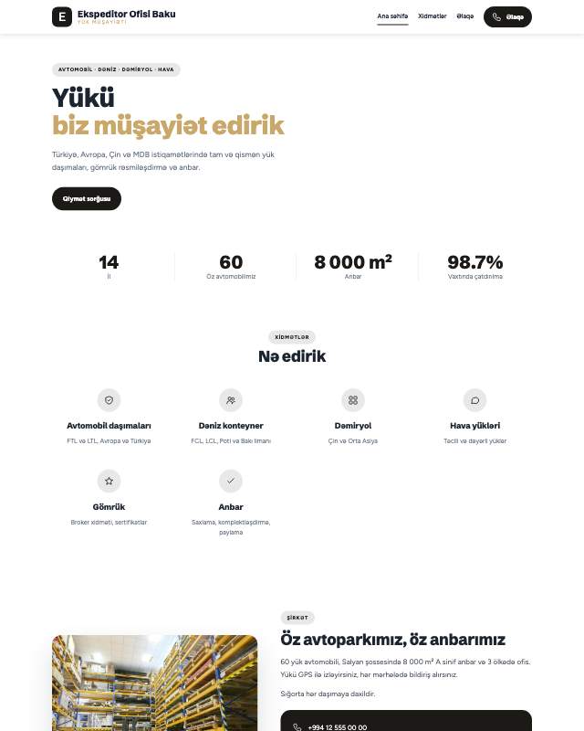 Ekspeditor xidməti · Premium sayt dizaynının ekran görüntüsü