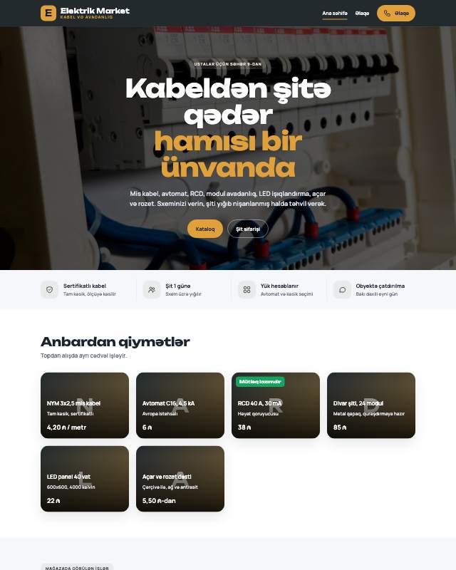 Elektrik malları · Kart veb sayt şablonunun ekran görüntüsü