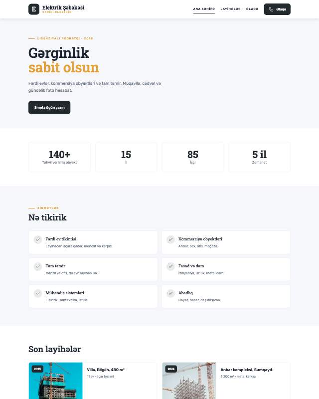 Elektrik şəbəkəsi çəkilişi üçün veb sayt şablonunun ekran görüntüsü