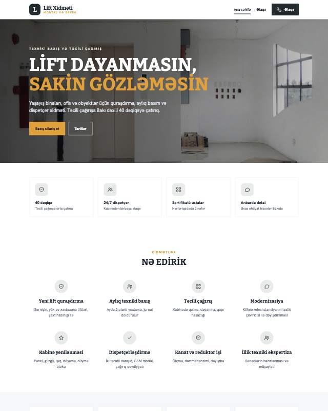 Lift servisi · Kart sayt dizaynının ekran görüntüsü