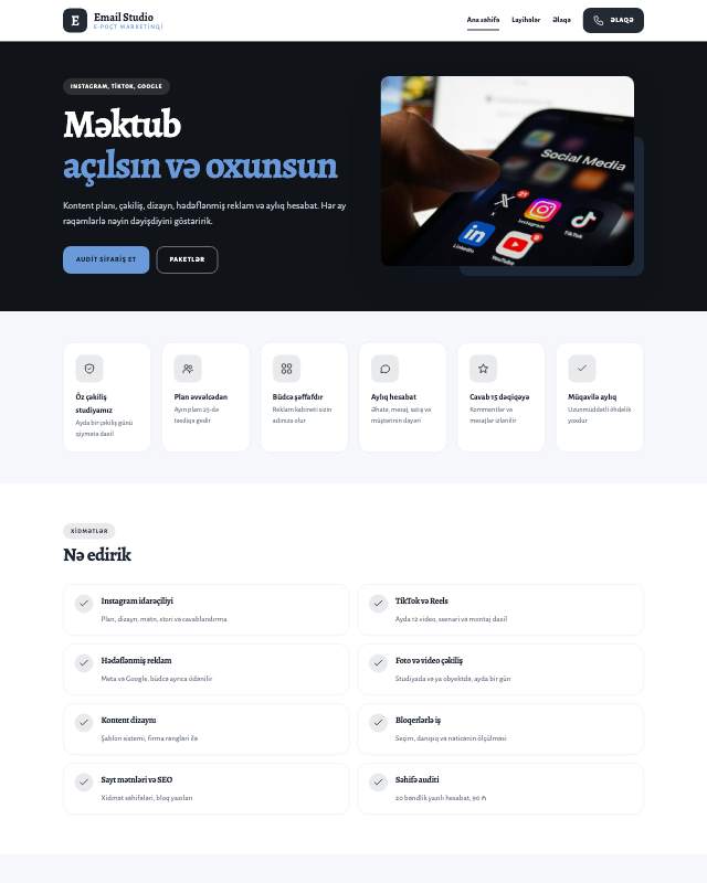 Email marketinq sayt dizaynının ekran görüntüsü