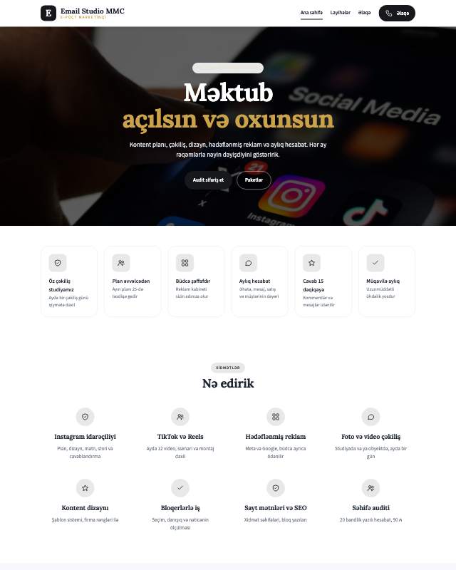 Email marketinq xidməti üçün veb sayt şablonu «Tünd»: ekran görüntüsü