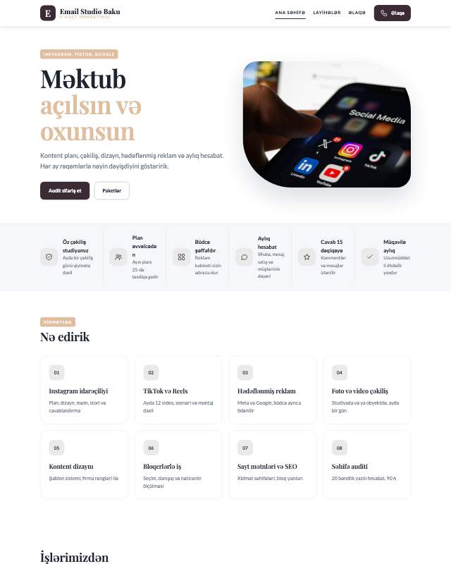 Email marketinq · Zərif veb sayt şablonunun ekran görüntüsü