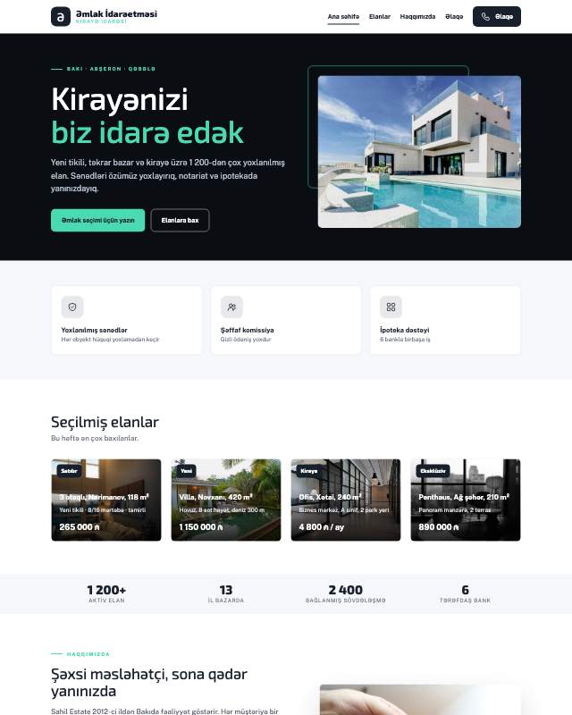 Əmlak idarəetmə şirkəti üçün veb sayt şablonunun ekran görüntüsü