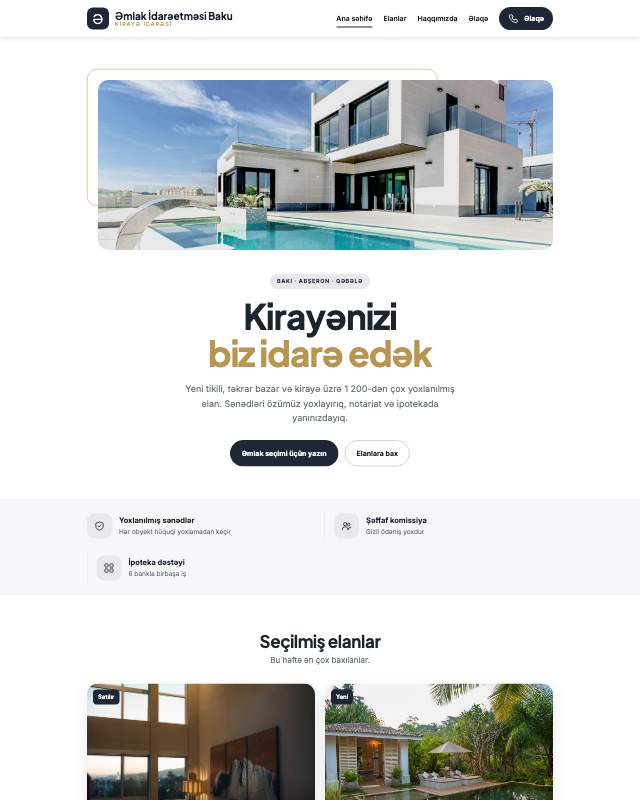 Əmlak idarəetməsi · Klassik veb sayt şablonunun ekran görüntüsü
