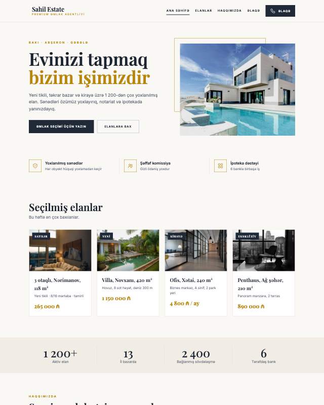 Daşınmaz əmlak sayt dizaynının ekran görüntüsü