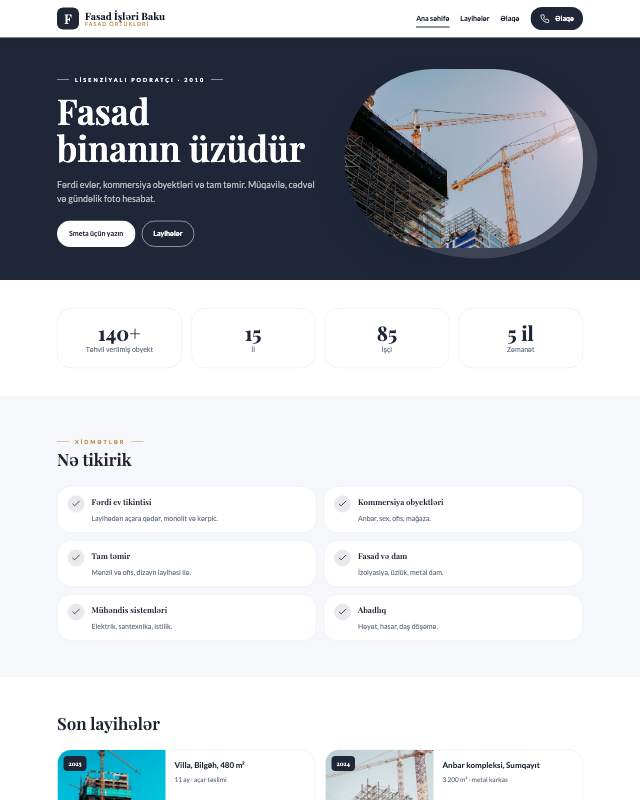 Fasad işləri · Klassik veb sayt şablonunun ekran görüntüsü