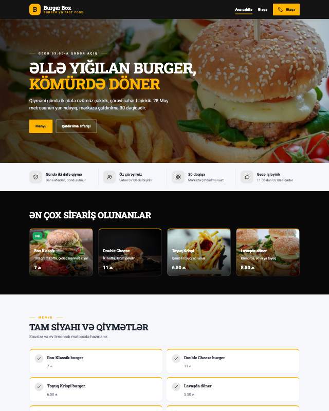 Fast food restoranı üçün veb sayt şablonunun ekran görüntüsü