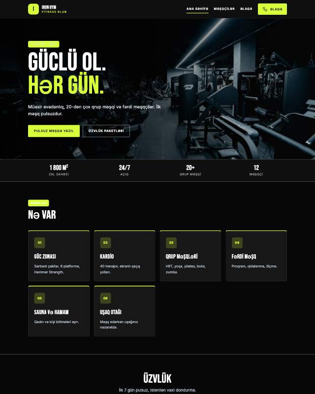Fitness klub sayt dizaynının ekran görüntüsü