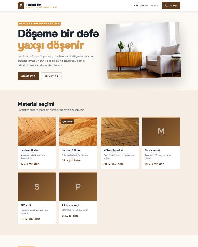 Parket və döşəmə veb sayt şablonunun ekran görüntüsü