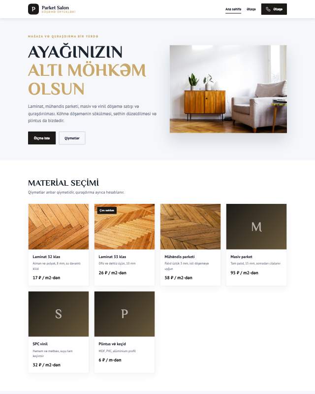 Parket və döşəmə · Premium sayt dizaynının ekran görüntüsü