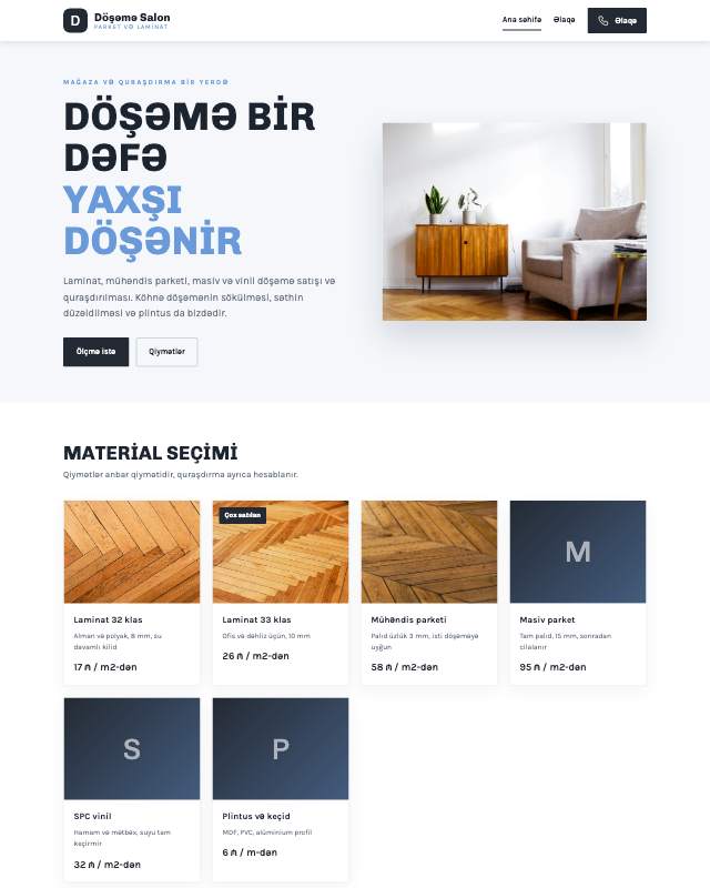 Parket və döşəmə · Sadə sayt dizaynının ekran görüntüsü