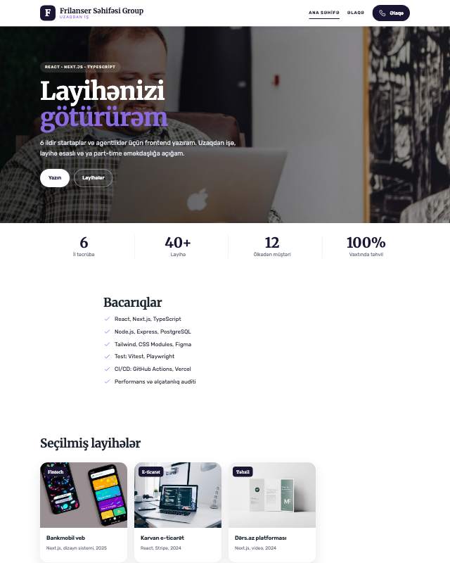 Frilanser səhifəsi · Gradient sayt dizaynının ekran görüntüsü
