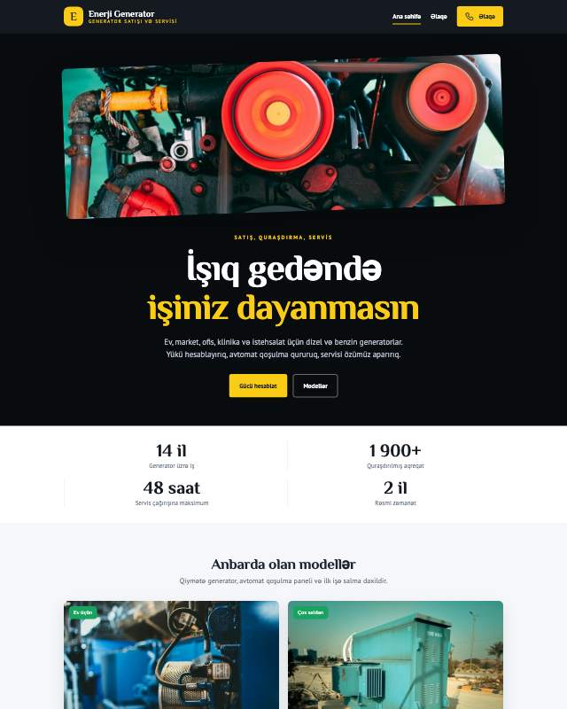 Generator satışı sayt dizaynının ekran görüntüsü