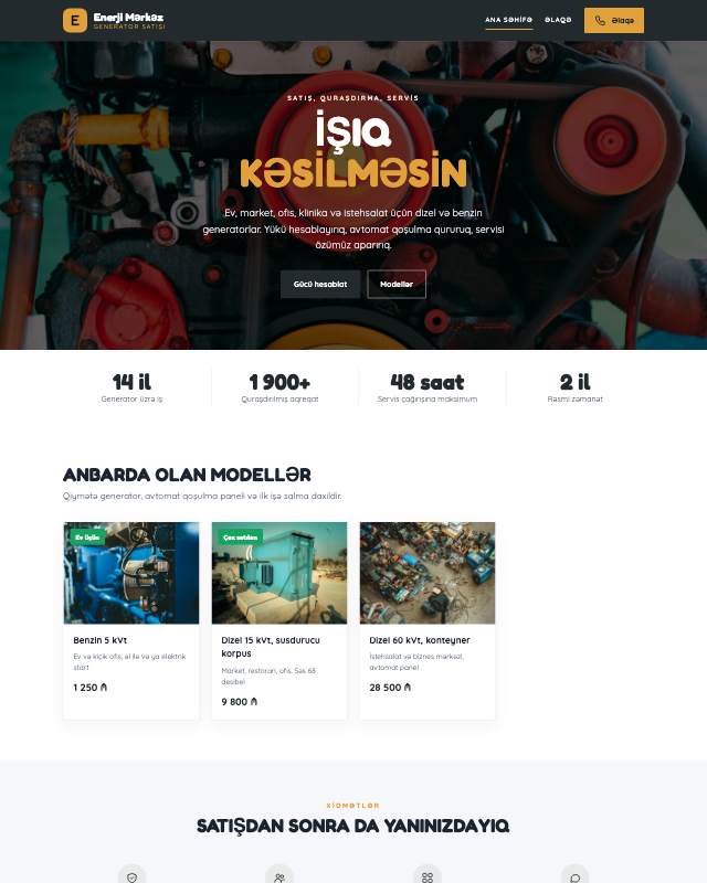 Generator satışı · Kart sayt dizaynının ekran görüntüsü