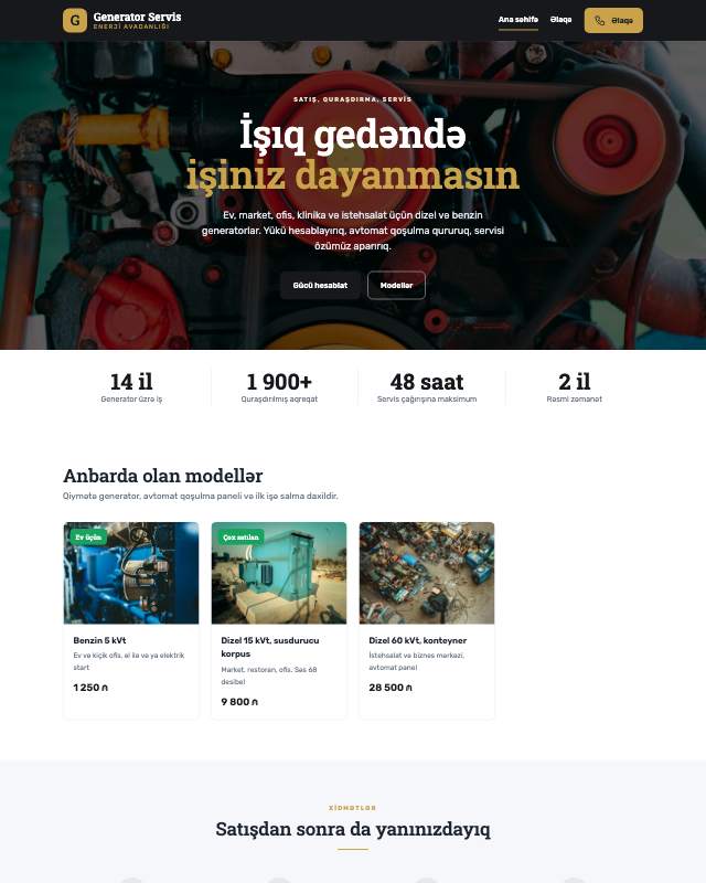 Generator satışı · Tünd sayt dizaynının ekran görüntüsü