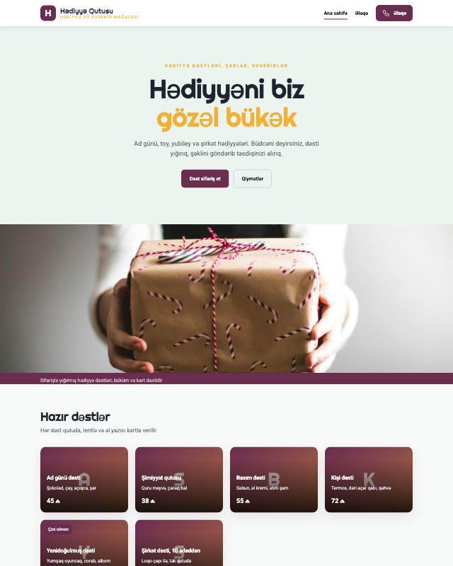 Hədiyyə mağazası üçün veb sayt şablonunun ekran görüntüsü