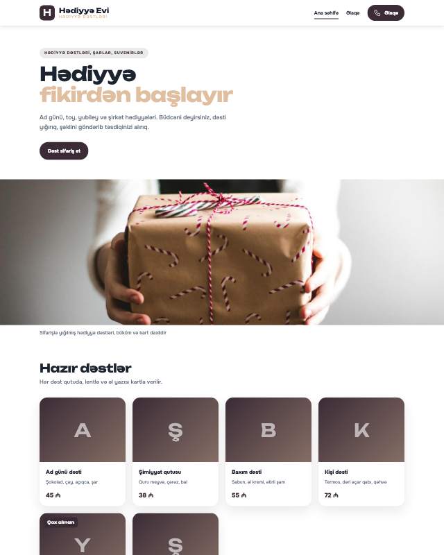 Hədiyyə mağazası · Zərif veb sayt şablonunun ekran görüntüsü
