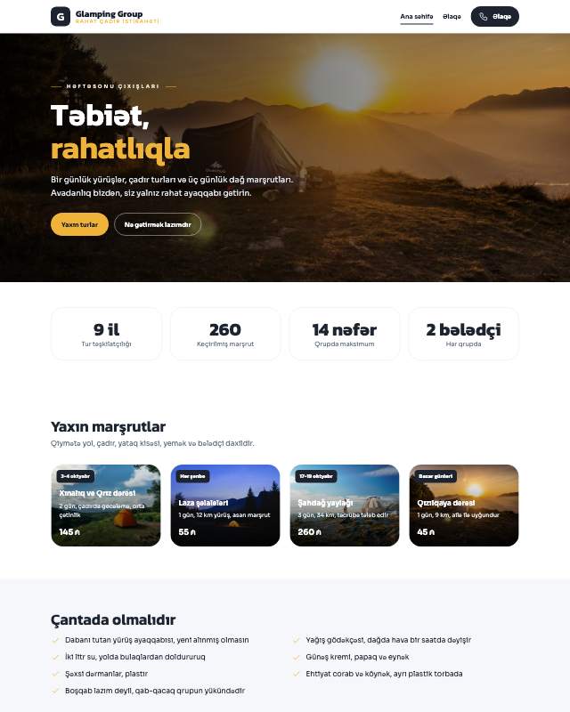 Glamping üçün veb sayt şablonu «Canlı»: ekran görüntüsü