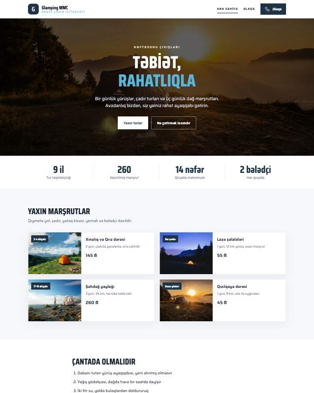 Glamping · Təmiz sayt dizaynının ekran görüntüsü