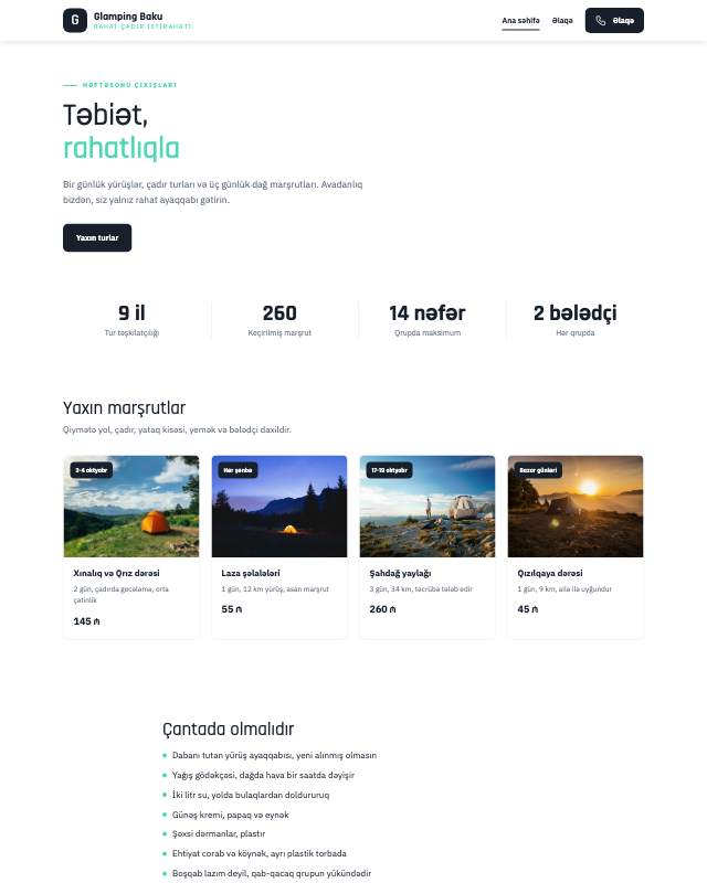 Glamping · Modern veb sayt şablonunun ekran görüntüsü