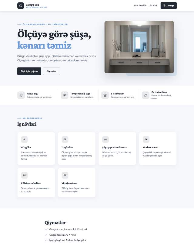 Şüşə və güzgü · Sadə veb sayt şablonunun ekran görüntüsü