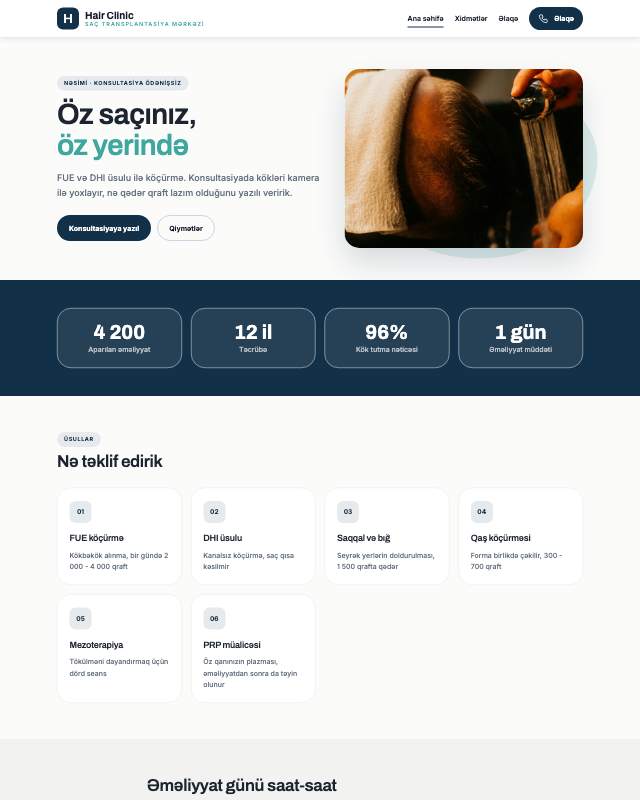 Saç transplantasiyası sayt dizaynının ekran görüntüsü
