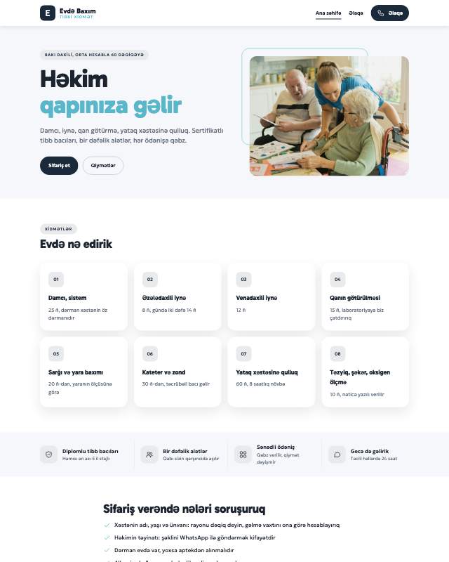 Evdə tibbi xidmət · Geniş sayt dizaynının ekran görüntüsü