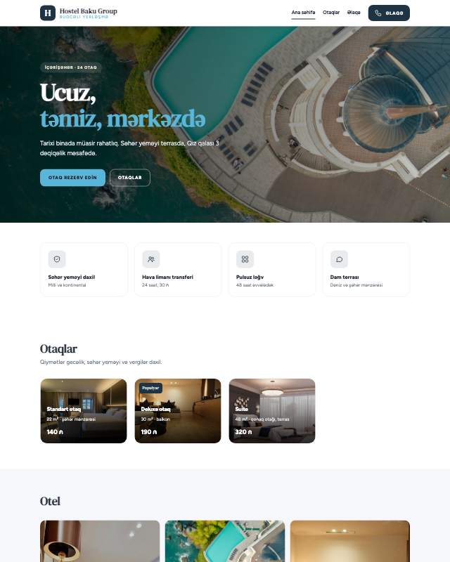 Hostel · Təmiz sayt dizaynının ekran görüntüsü