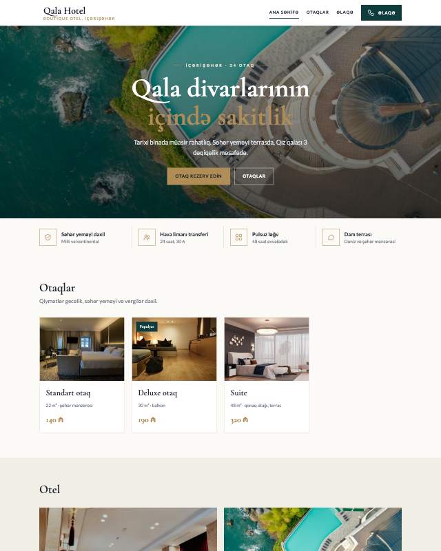 Otel sayt dizaynının ekran görüntüsü