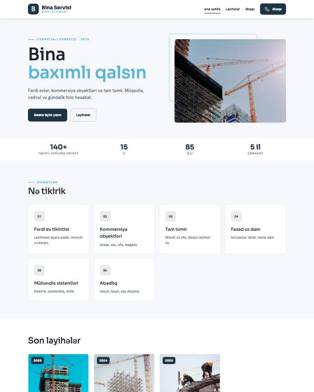 Bina istismarı şirkəti üçün veb sayt şablonunun ekran görüntüsü