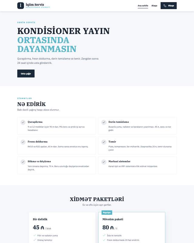 Kondisioner servis · Geniş sayt dizaynının ekran görüntüsü