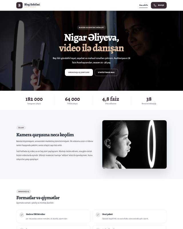 Bloger səhifəsi · Zərif veb sayt şablonunun ekran görüntüsü