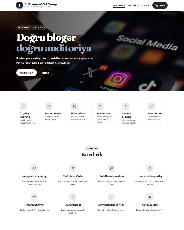 Influencer agentliyi · Studiya sayt dizaynının ekran görüntüsü