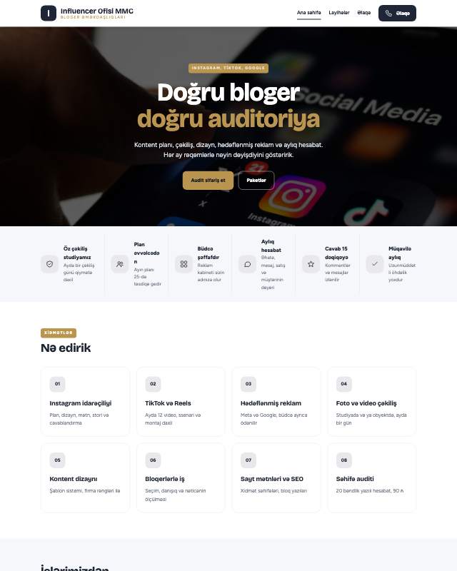 Influencer agentliyi · Klassik sayt dizaynının ekran görüntüsü